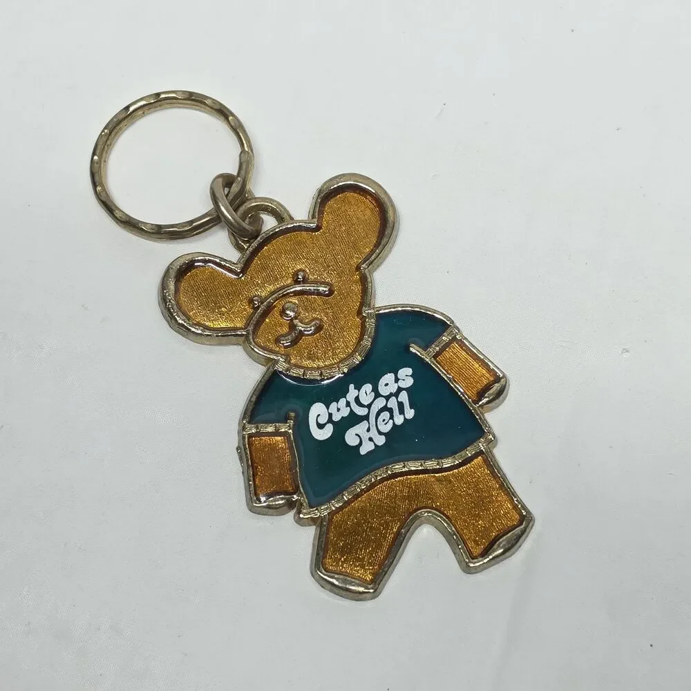 Vintage 80s Cute As Hell Teddy Bear Metal Keychain Key Ring Gold Green